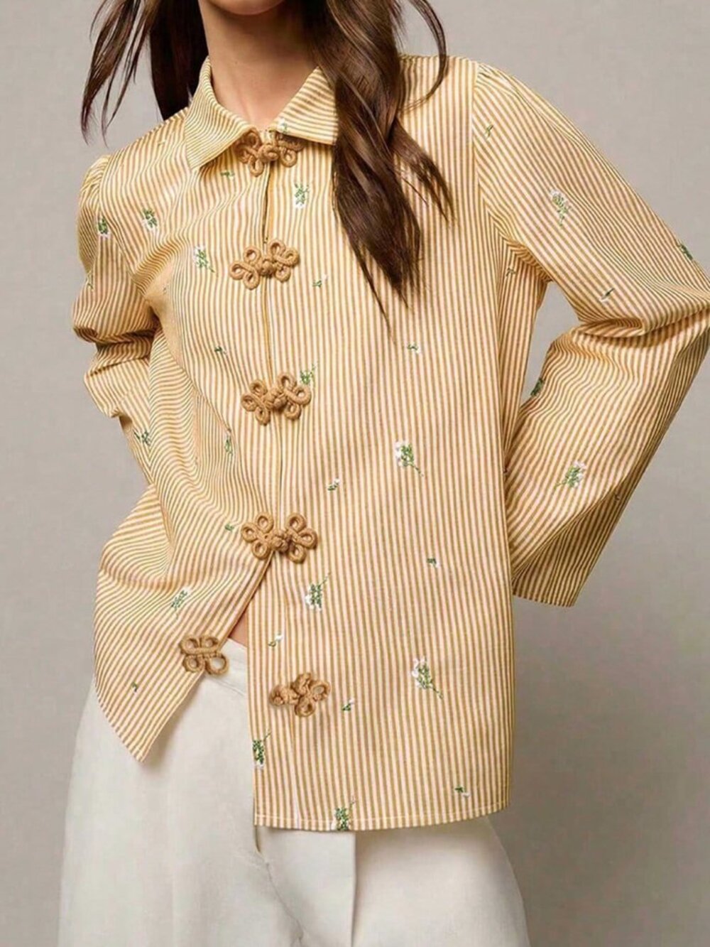 Yellow Casual Women's Blouse with Chinese Buttons, Striped & Floral Print